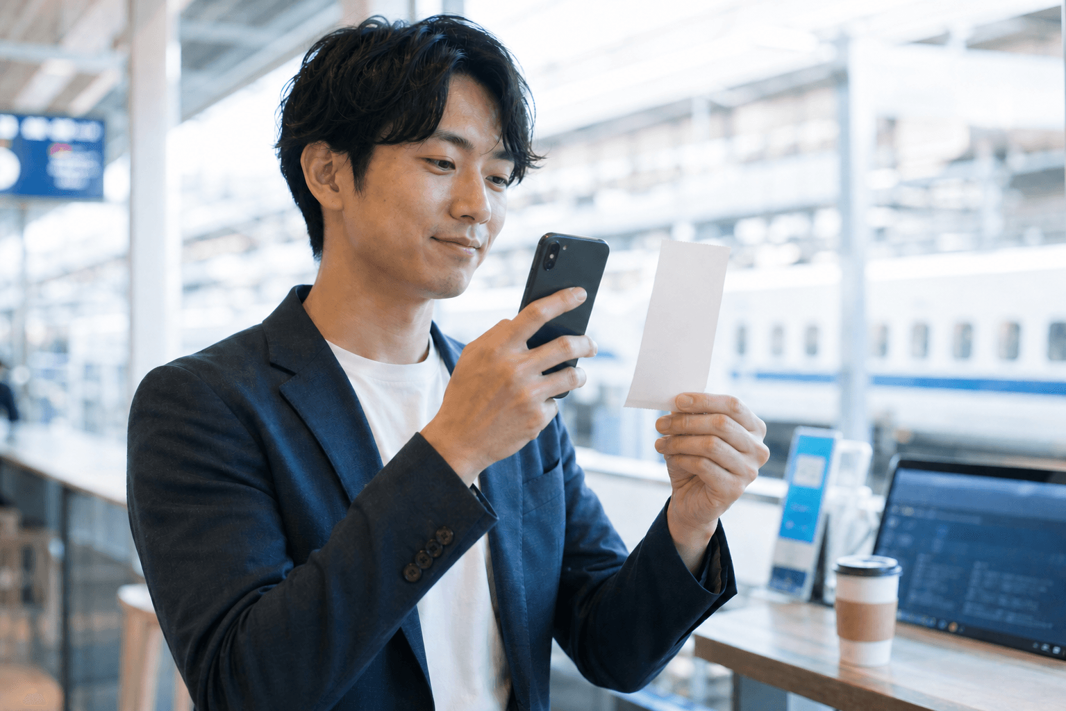 スマホで領収書を撮影する従業員のイメージ