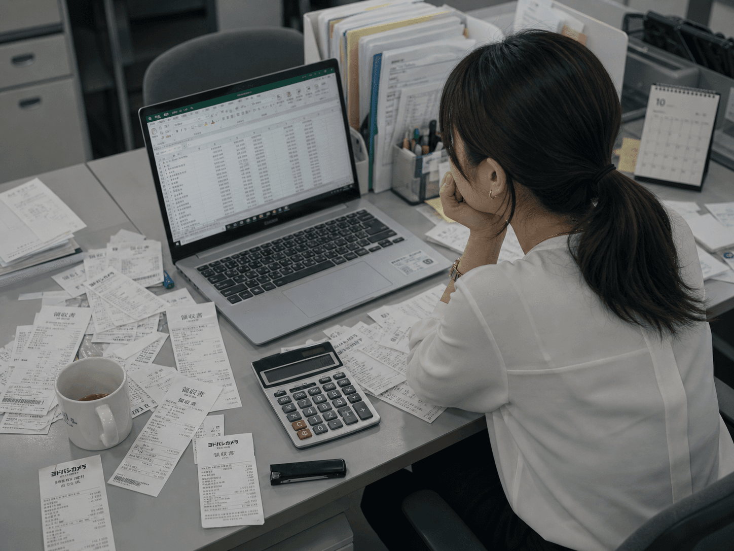 紙のレシートが机に散乱し、月末の精算作業に追われているイメージ
